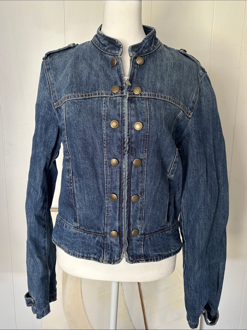 Zara Blue Military-Style Denim Jacket with Brass Buttons